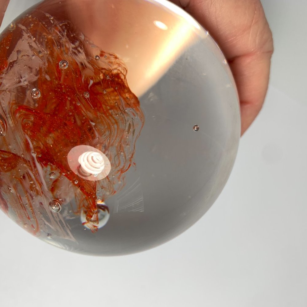 Round Art Glass Paperweight Clear Orange White Swirl Ball Bubbles 10" Around - Picture 8 of 9